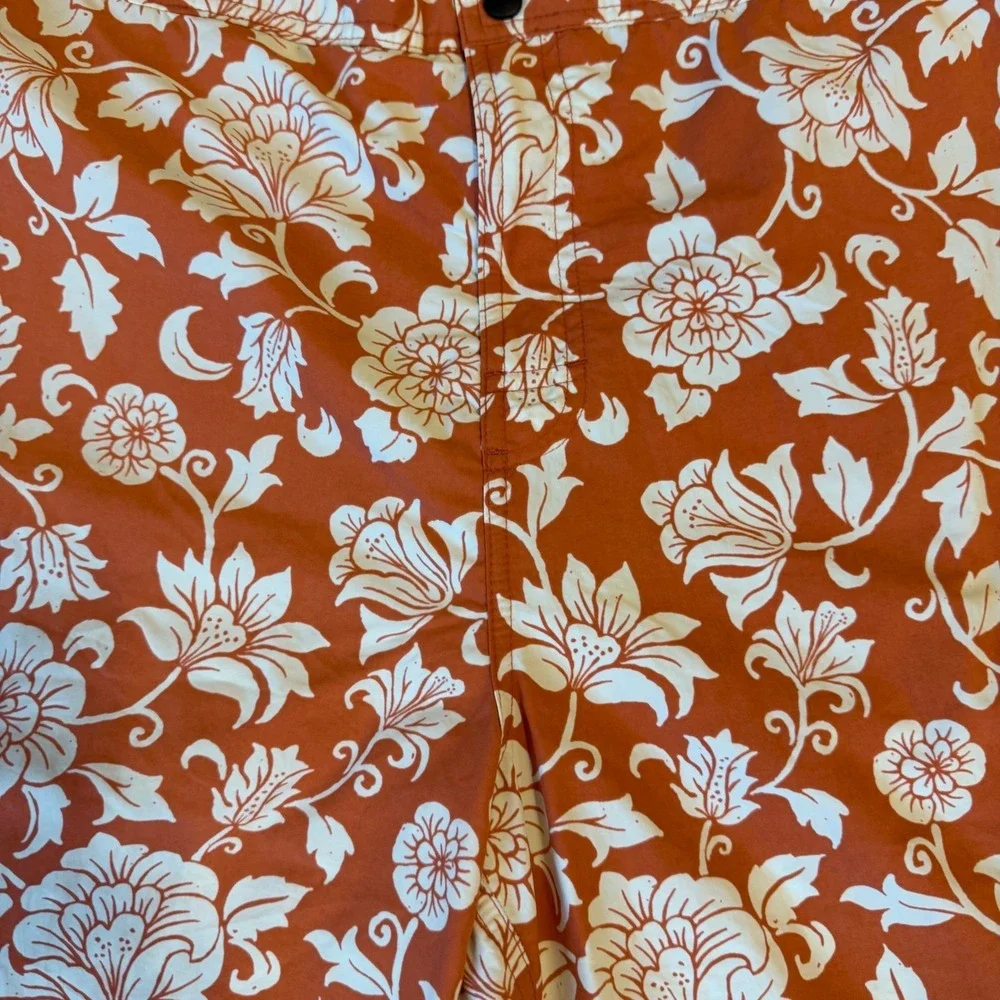 Caribbean‎ Swimwear Mens Orange White Floral Hibiscus Board Shorts Swim Trunks L